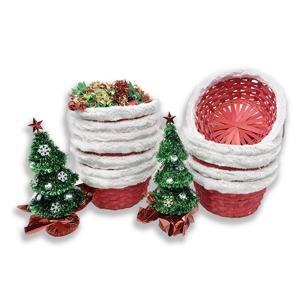12 Pack - Red Round Bamboo Utility Basket with White Faux Fur Tr